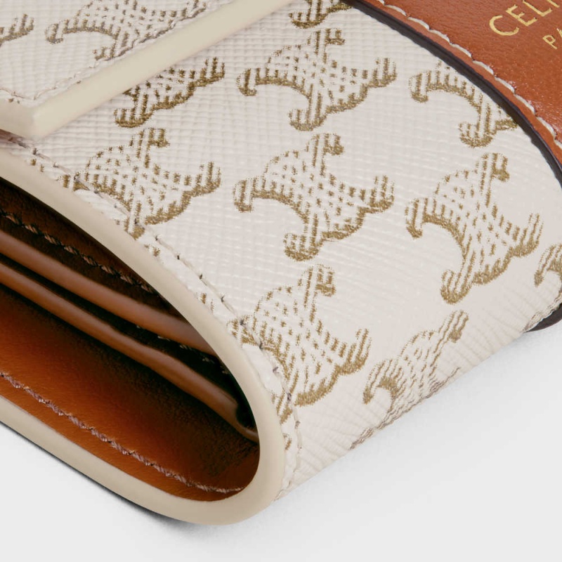 Portefeuilles Celine Small Trifold In Triomphe Tela And Lambskin Blanche Marron | CL-593005