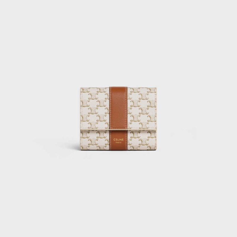 Portefeuilles Celine Small Trifold In Triomphe Tela And Lambskin Blanche Marron | CL-593005