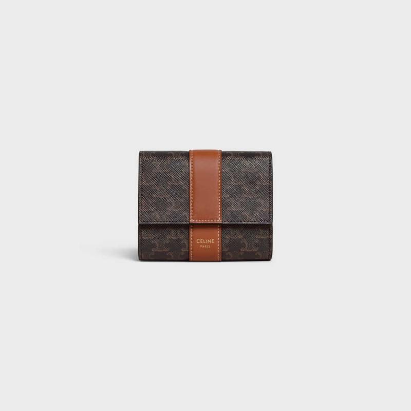 Portefeuilles Celine Small Trifold In Triomphe Tela And Lambskin Marron | CL-593003