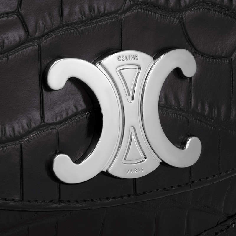 Sacs À Bandoulière Celine Medium Besace Triomphe In Crocodile Embossed Calfskin Noir | CL-591847