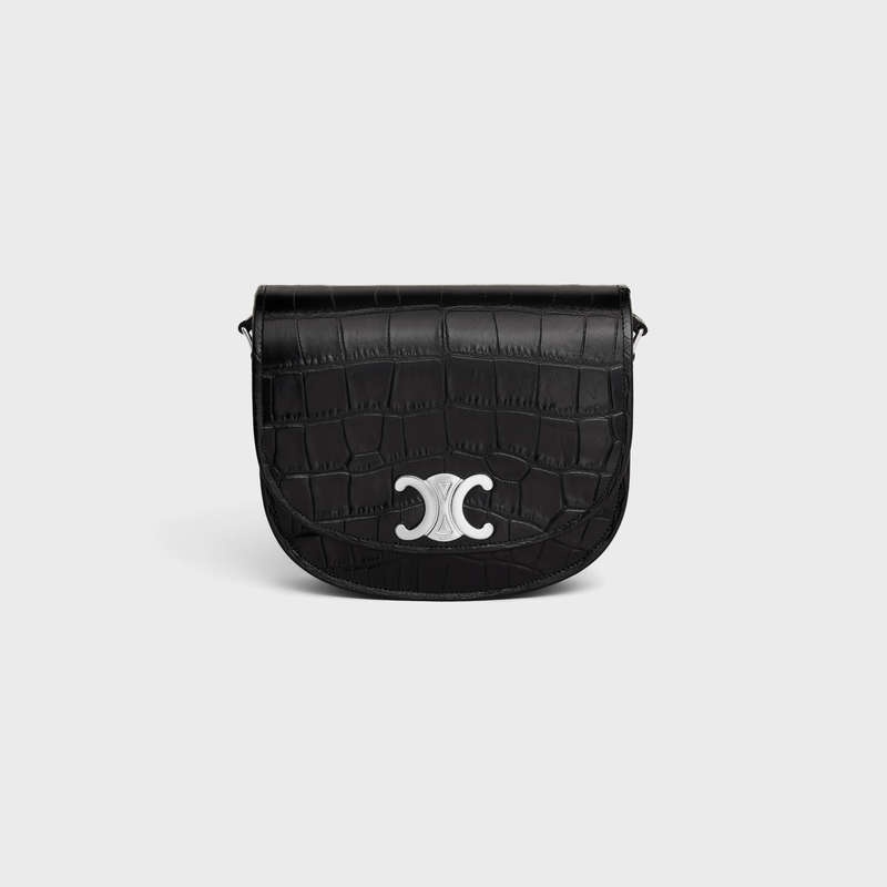 Sacs À Bandoulière Celine Medium Besace Triomphe In Crocodile Embossed Calfskin Noir | CL-591847