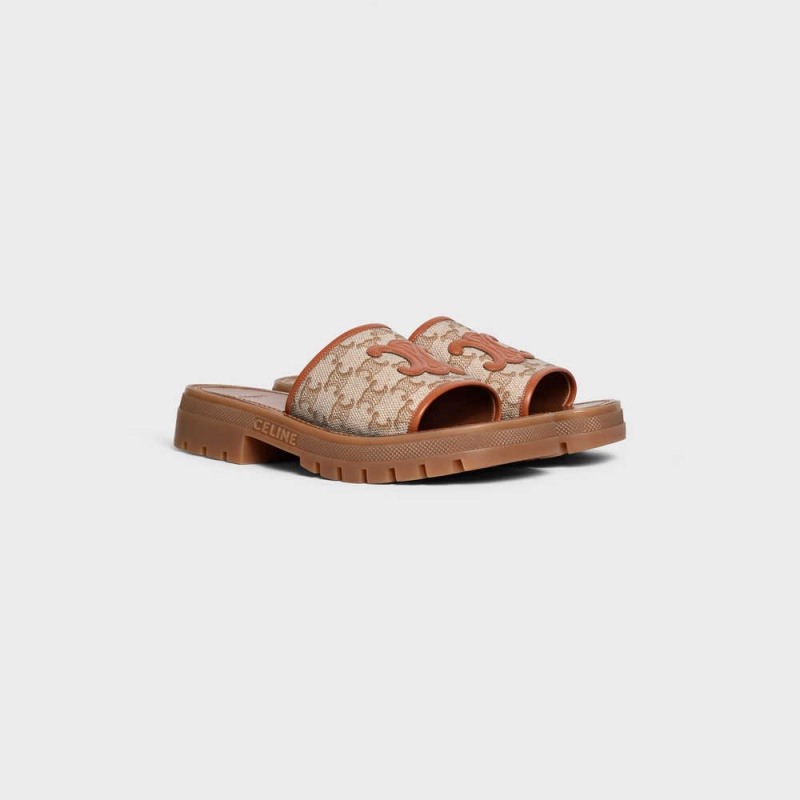 Sandale Celine Clea Triomphe Claquette In Triomphe Stamped Tela & Calfskin Marron Beige | CL-592569