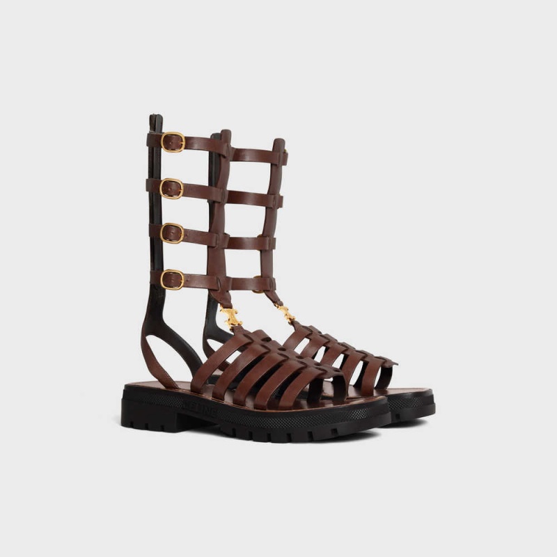 Sandale Celine Clea Triomphe Gladiator Mid In Calfskin & Vegetal Tanning Marron Foncé | CL-592576