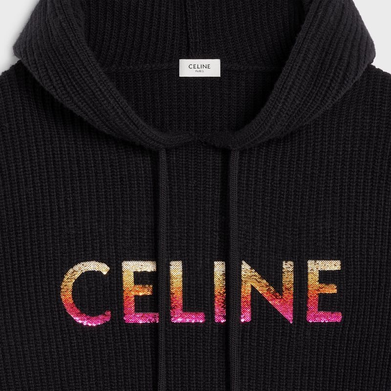 Sweats Celine Embroidered Encapuchonné In Nervuré Laine Noir | CL-592108