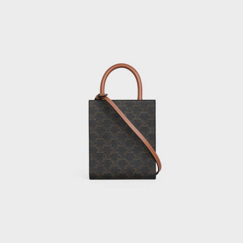 Triomphe Canvas Celine Mini Vertical Cabas In And Calfskin With Print Marron | CL-593134