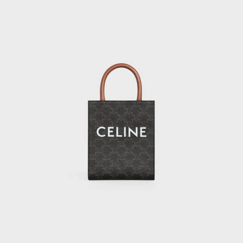 Triomphe Canvas Celine Mini Vertical Cabas In And Calfskin With Print Marron | CL-593134