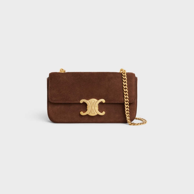 Triomphe Celine Chain Shoulder Bag In Daim Calfskin Marron | CL-593229