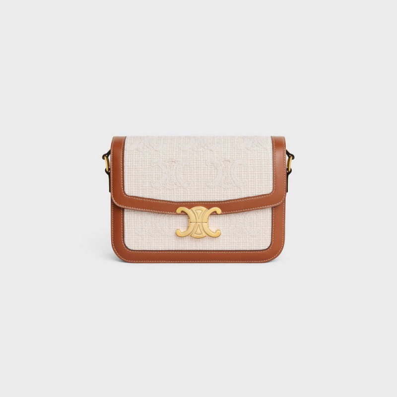 Triomphe Celine Classique Bag In Textile With Crochet Embroidery Beige Marron | CL-593181