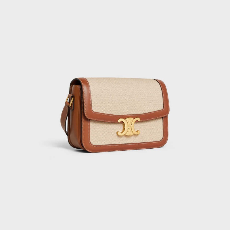 Triomphe Celine Classique Bag In Textile And Calfskin Beige Marron | CL-593180