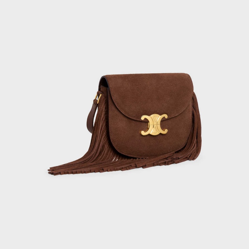 Triomphe Celine Teen Besace With Fringes In Daim Calfskin Marron | CL-593221