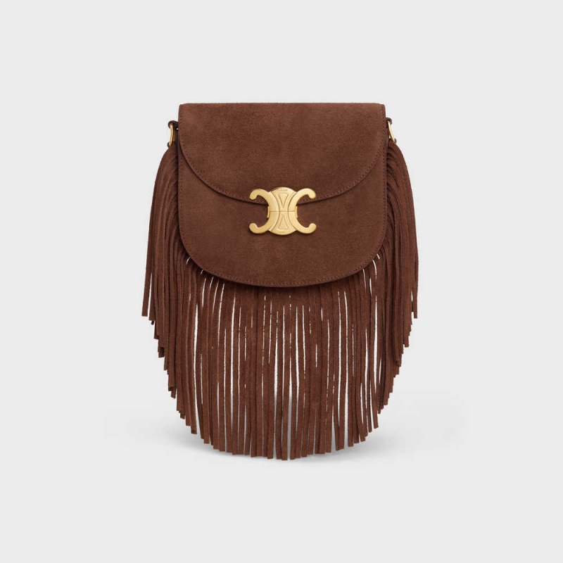 Triomphe Celine Teen Besace With Fringes In Daim Calfskin Marron | CL-593221