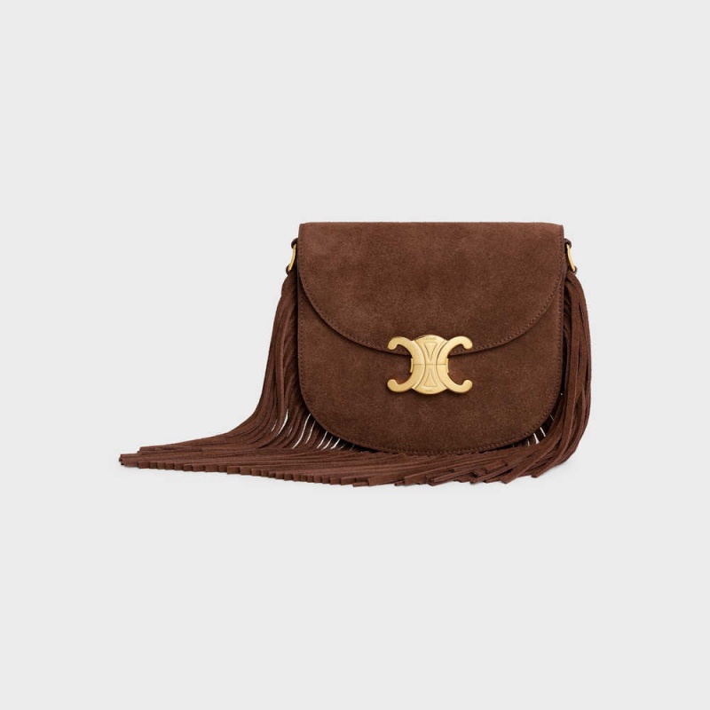 Triomphe Celine Teen Besace With Fringes In Daim Calfskin Marron | CL-593221