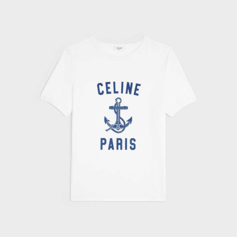 T-shirt Celine 70 S Anchor In Coton Jersey Blanche Bleu Marine | CL-592778