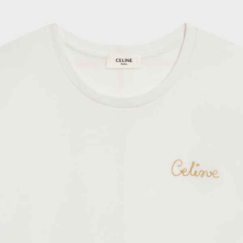 T-shirt Celine Embroidered In Coton Blanche | CL-592788