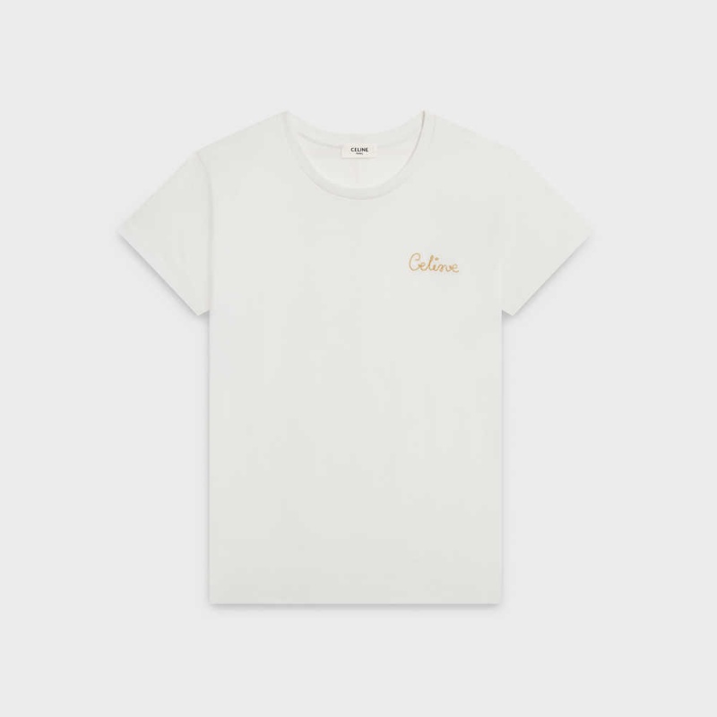 T-shirt Celine Embroidered In Coton Blanche | CL-592788