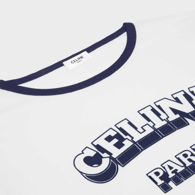 T-shirt Celine Paris 70 S In Coton Jersey Blanche Bleu Marine | CL-592779