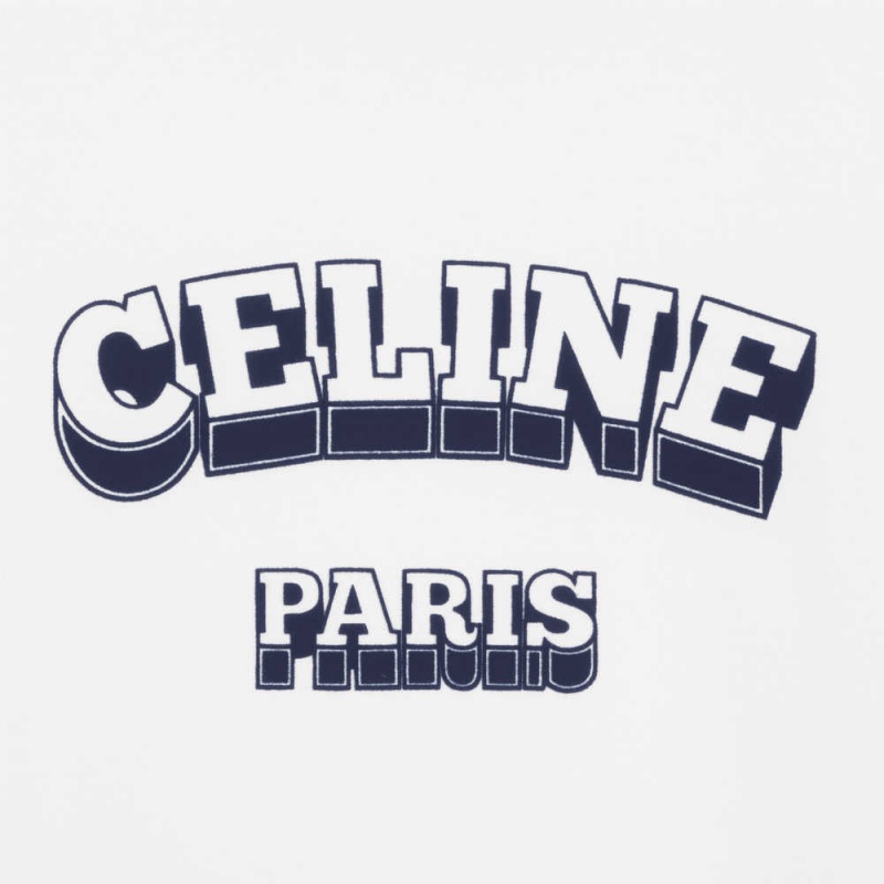 T-shirt Celine Paris 70 S In Coton Jersey Blanche Bleu Marine | CL-592779