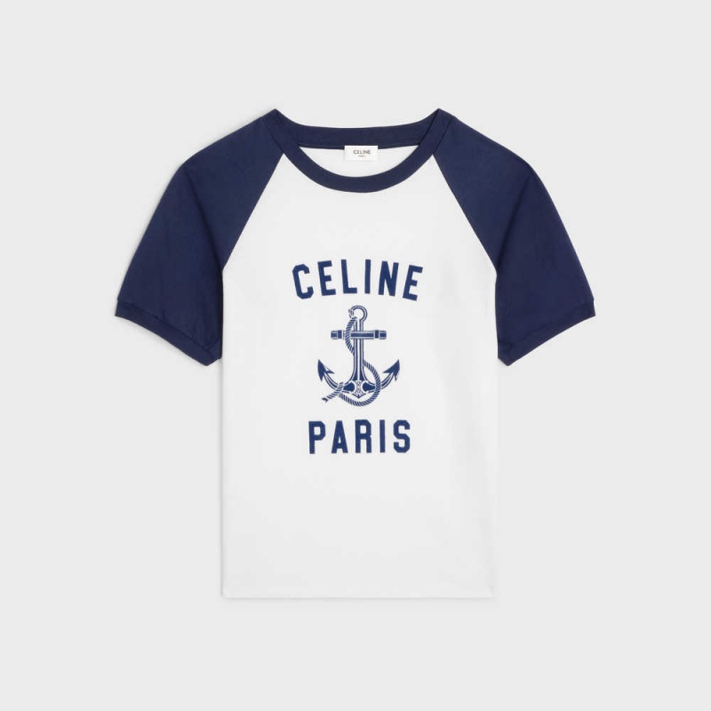 T-shirt Celine Paris Anchor In Coton Jersey Blanche Bleu Marine | CL-592784