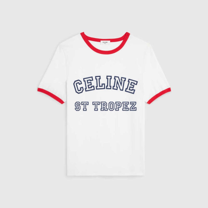 T-shirt Celine St Tropez 70 S In Coton Jersey Blanche Rouge Bleu | CL-592781