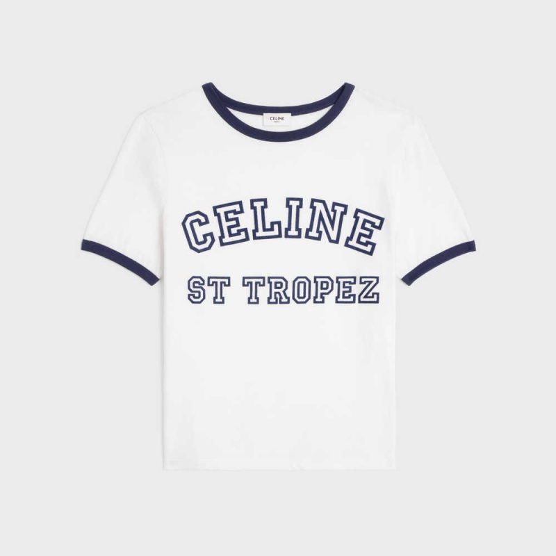 T-shirt Celine St Tropez 70 S In Coton Jersey Blanche Bleu Marine | CL-592780