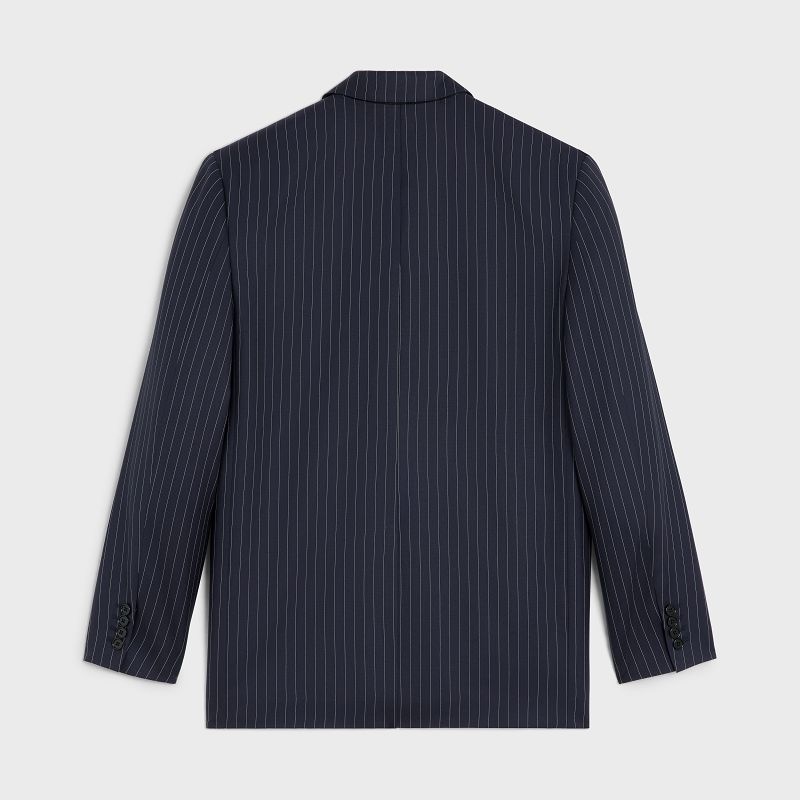 Vestes Celine Boxy In Rayé Cashmere Laine Bleu | CL-591999