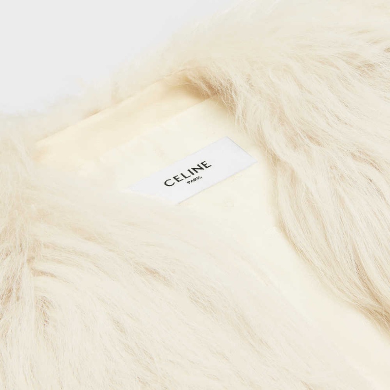 Vestes Celine Crew Neck In Long Goat Hair Beige | CL-592685