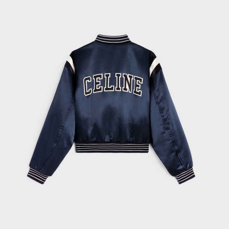 Vestes Celine Cropped Bomber In Thick Satin Bleu Marine | CL-592681