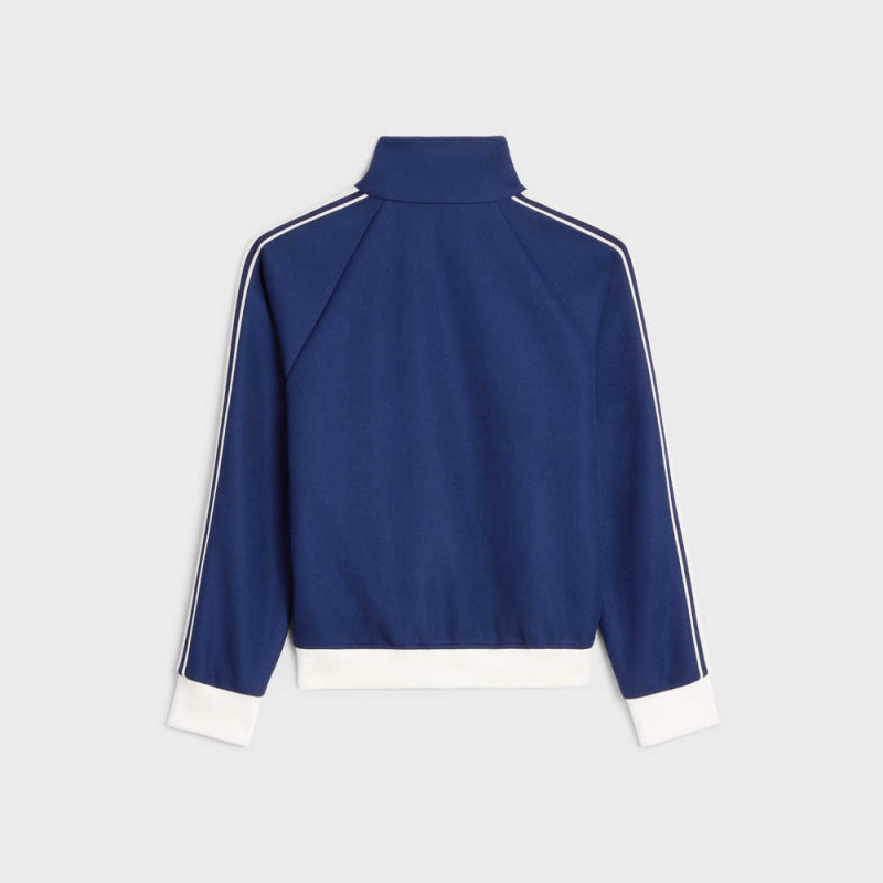 Vestes Celine Cropped Tracksuit In Texturized Jersey Bleu Marine Blanche | CL-592677